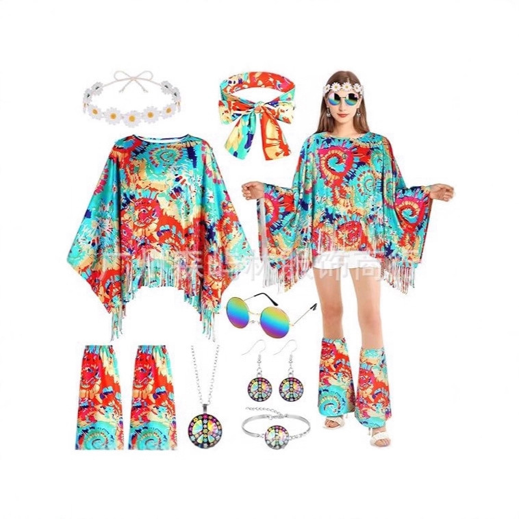 European and American New Halloween Cloak 70S and 80S Hippie Round Neck Tassel Pants Set Cloak Shawl 8-Piece Set