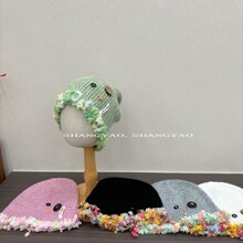 彩色花边毛线帽女秋冬季针织帽护耳套头保暖冷帽可爱亲子儿童帽子