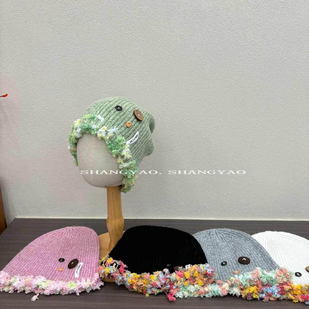 彩色花边毛线帽女秋冬季针织帽护耳套头保暖冷帽可爱亲子儿童帽子