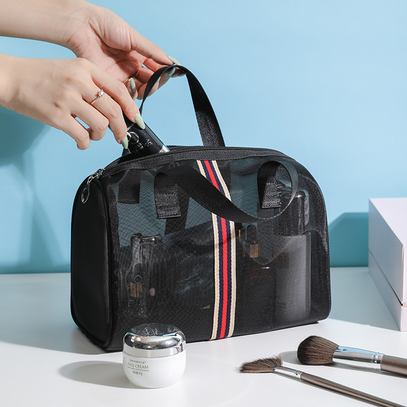 Fábrica al por mayor de gran capacidad de malla bolsa de lavado portátil de viaje bolsa de cosméticos transparente bolsa de almacenamiento de malla se puede personalizar logo