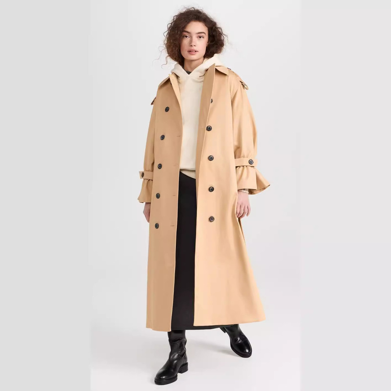 2026 Spring and Autumn New Style Lace-Up Slim Fit Double-Breasted Flared Long Sleeve Fake Two-Piece Long Women's Trench Coat Casual Jacket