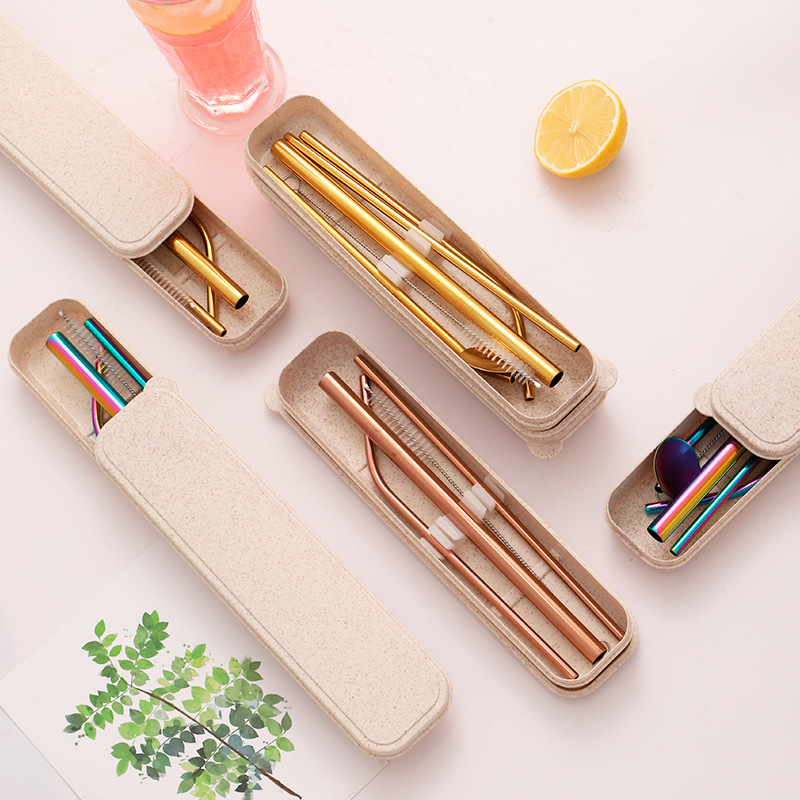304 Stainless steel straw stir Spoon Portable suit Pearl milk tea Straw spoon Dual use Amazon tableware