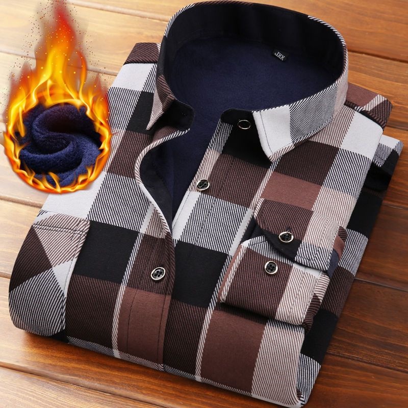 秋冬季保暖衬衫男加绒加厚长袖衬衣男格子中老年爸爸装大码上衣