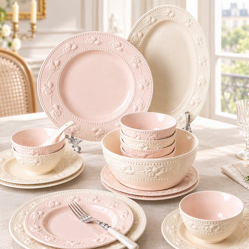 New French-Style Embossed Ceramic Tableware Housewarming Gift Gift Box Ins Cream-Style Bowl and Plate Set Rice
