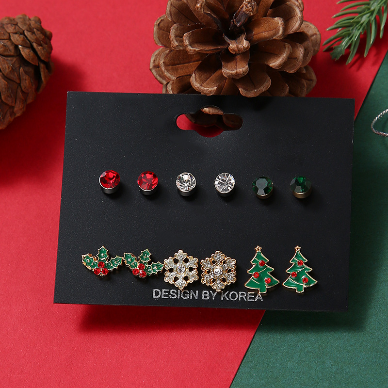 Cute Christmas Tree Snowflake Alloy Plating Inlay Rhinestones Ear Studs 1 Set display picture 2