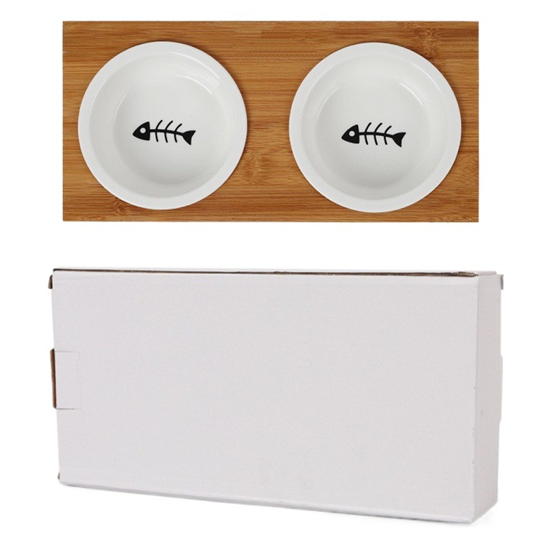 Bambú mascota gato doble tazón de cerámica de acero inoxidable perro tazón gato arroz tazón perro comida tazón perro agua tazón de arroz en stock