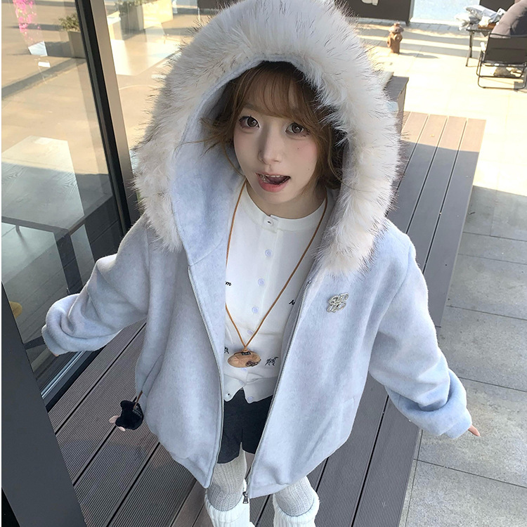 美式复古高街毛领连帽开衫卫衣外套女春秋2025oversize韩系慵懒风|undefined