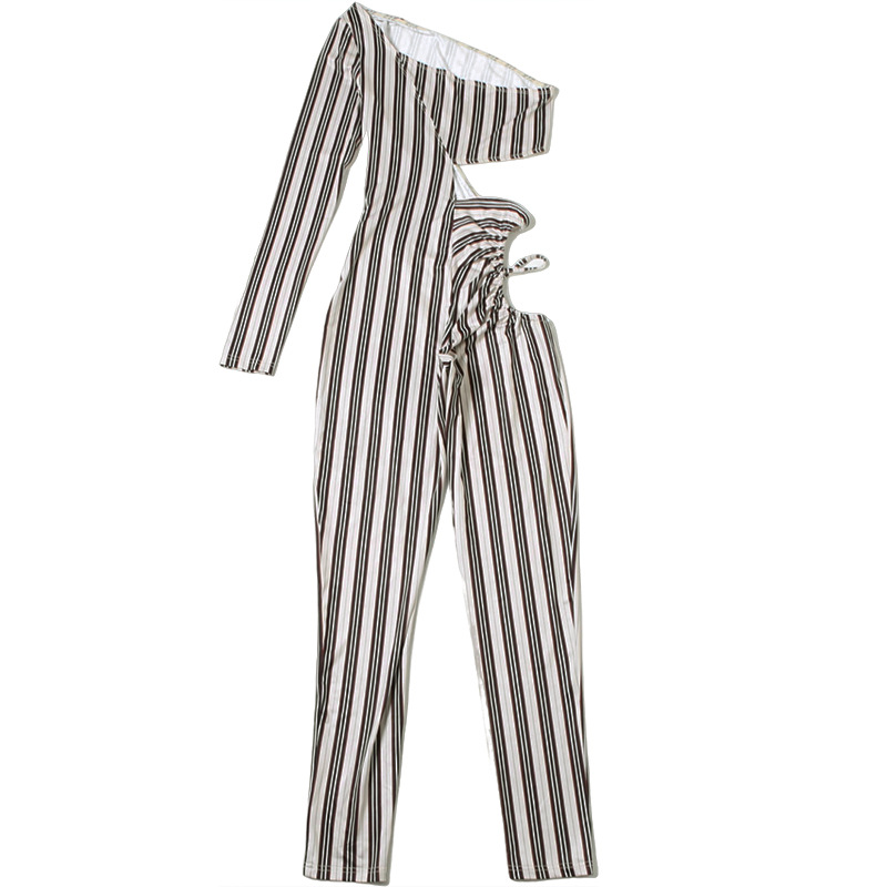 Winter Women Clothing Sexy Hollow Out Cutout Sexy Striped Tight One Piece Trousers