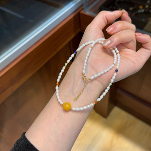 Summer High-End Versatile Old Beeswax with Pearl Clavicle Chain Women's Niche Beaded Elegant Clavicle Necklace Jewelry