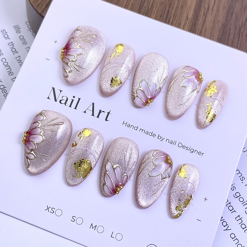 Pink Gold Gradient Hand-Painted Floral Short Almond Press-On Nails with Gold Glitter and Light Ins-Style Mirror Pink Cat Eye Nail Tips