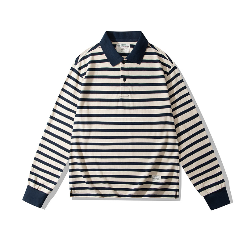 OKONKWO ameikaji 230g grueso pesado solapa camiseta mar espíritu camisa retro rayas manga larga polo camisa