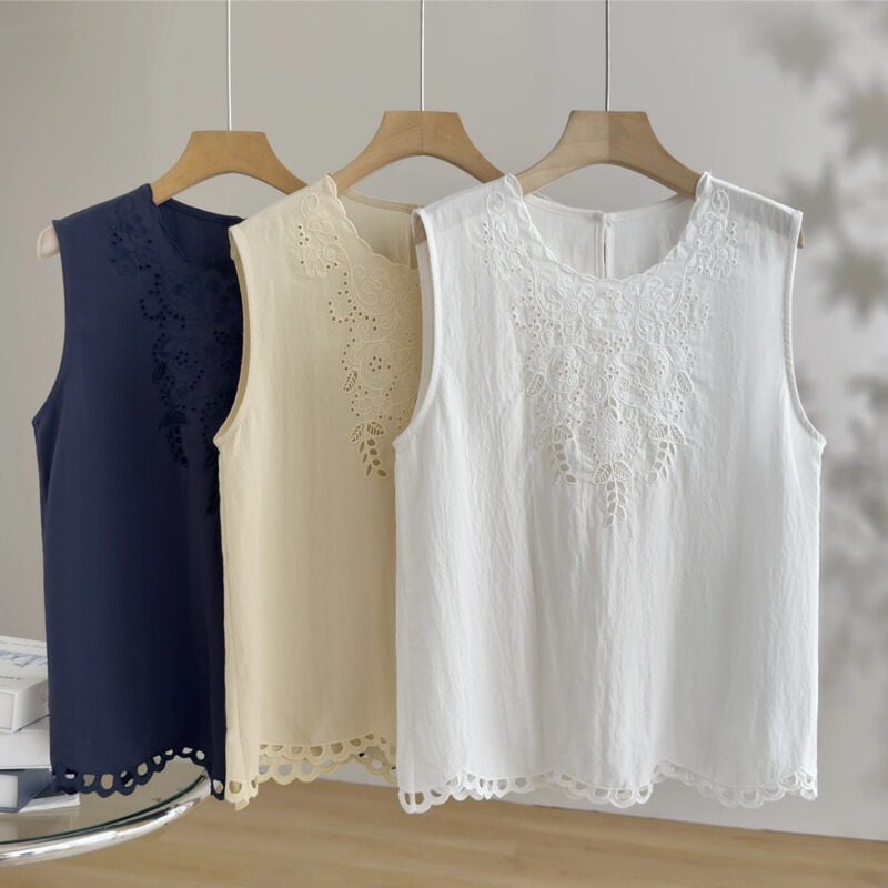 French-Style Exquisite Hollow Embroidery Tencel Sleeveless Shirt for Women, Summer High-End Versatile White Tank Top