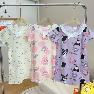 Foreign Trade Wholesale Children's Nightgown Girls' Pajamas Summer Princess Lace Short-Sleeved Nightgown Home Clothes Summer Air-Conditioned Clothes