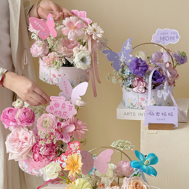 母亲节中式国风手提篮鲜花花束插花篮礼物篮礼品篮圆形包装盒批发