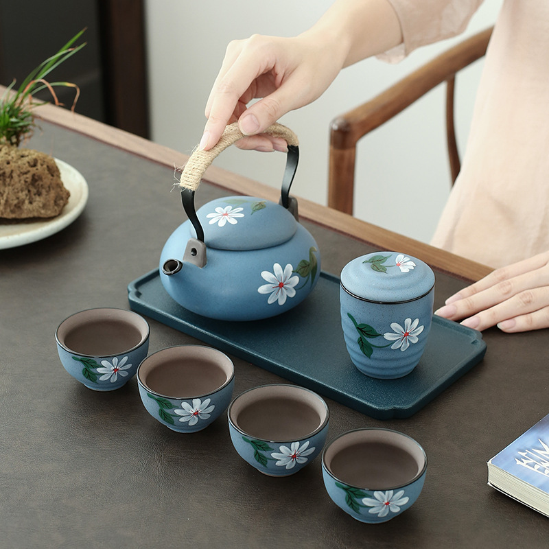 手绘提梁壶紫砂功夫茶具大容量日式茶壶简约喝茶杯陶瓷托盘小套装