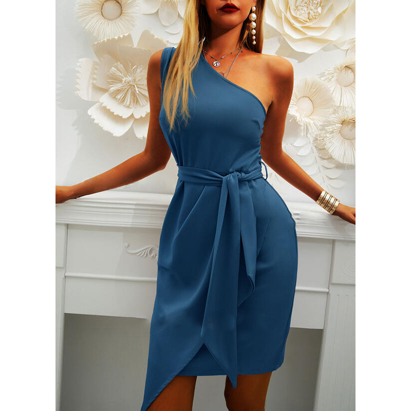 pure color sleeveless oblique shoulder irregular strap dress NSZH62876