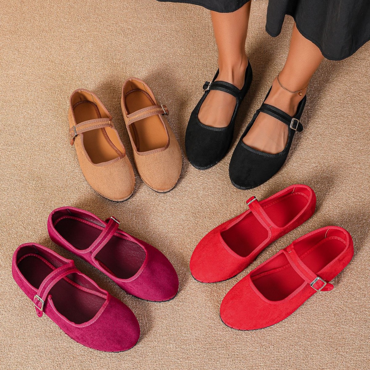 Zapatos de comercio exterior transfronterizo de estilo europeo y americano retro agitando hilo de terremoto, zapatos de sola sola sola plana, rojo suave, hadas de noche