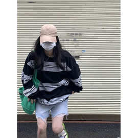 2021秋季新款拼接撞色薄款卫衣女韩版时尚宽松ins潮嘻哈条纹上衣
