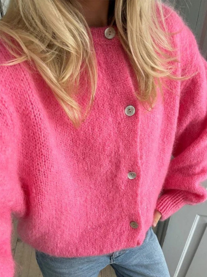 Áo cardigan len dệt kim dáng mỏng nhẹ cài nút một hàng, tay dài cổ tròn nữ — hoa hồng đỏ, màu be, màu cam, màu hoa cà chi tiết 25