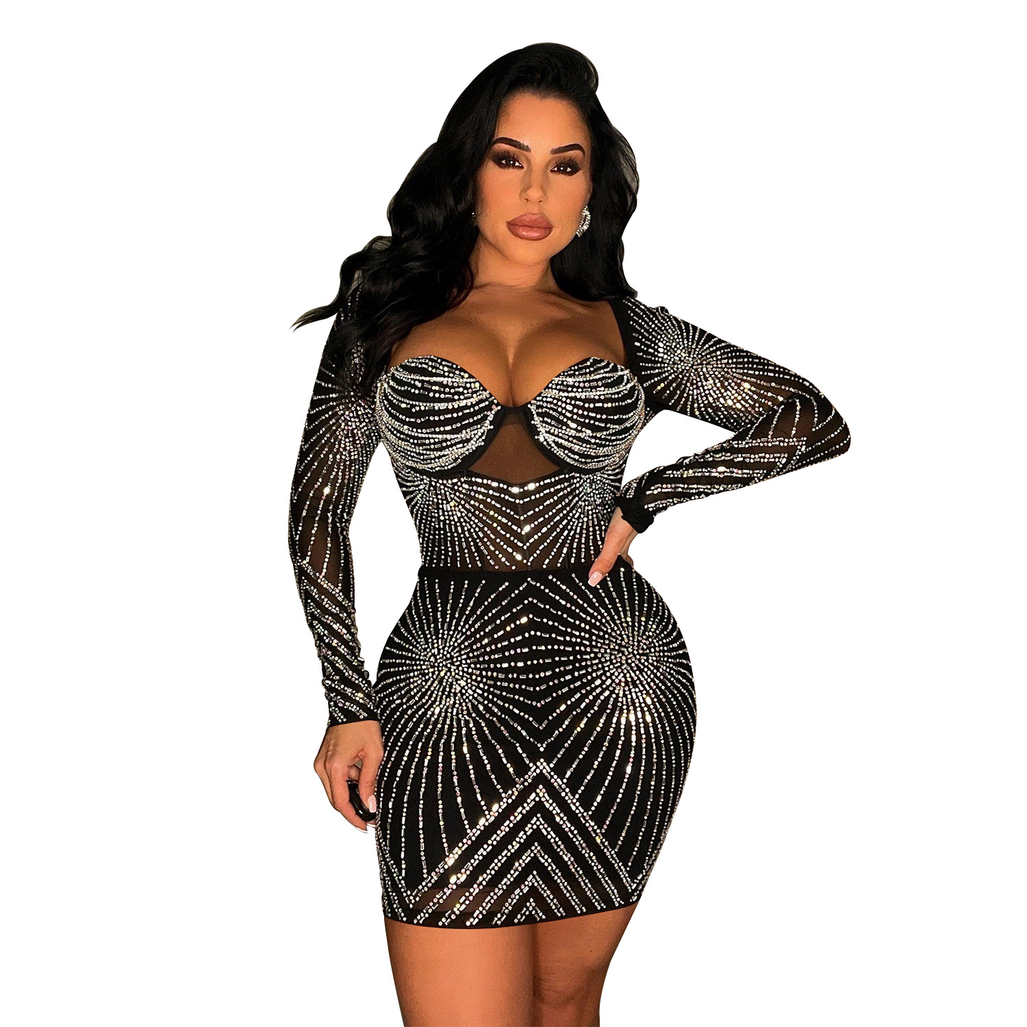 392g Weight Above Knee Dress Length Type Long Sleeve Sleeve Length Party Dress Dresses Type Regular Sleeve Sleeve Type Spandex, Polyester Fabric Type Mid Waist Waist Line Daily Occasion V Neck Neckline Regular Fit Fit Type Solid Color Pattern Summer, Spring, Autumn Season Women's Gender Diamond Design Elegant Style Wholesale Women's Elegant Diamond Solid Color Daily V Neck Long Sleeve Party Dress 14