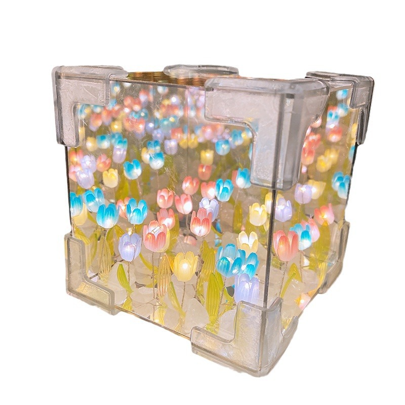 Tiktok mismo estilo hecho a mano DIY tridimensional Cubo de Rubik Tulipán noche luz flor mar material paquete regalo para novia