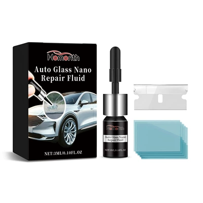Homonth Car Glass Nano Repair Fluid Set Windshield Care Crack Clear Vision Repair Fluid (Auto glass repair liquid) - 3ml-blade1-cured-film5