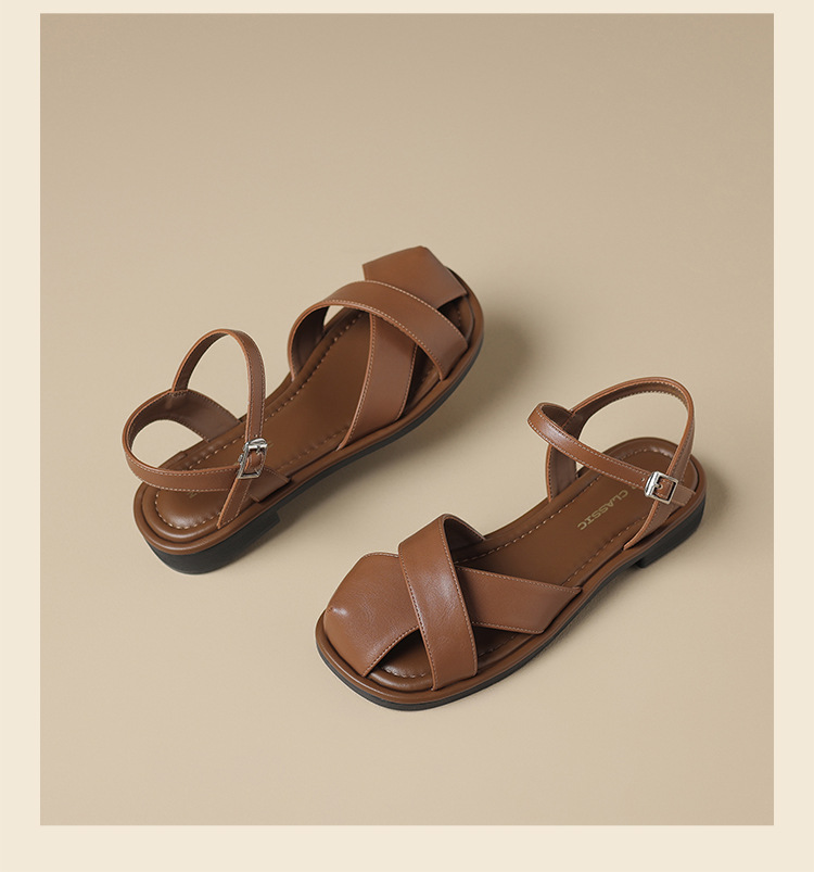 Sandal nữ quai ngang kiểu La Mã phong cách Pháp, mũi hở bán bít, đế bằng thoáng khí — KN38 màu be chi tiết 24