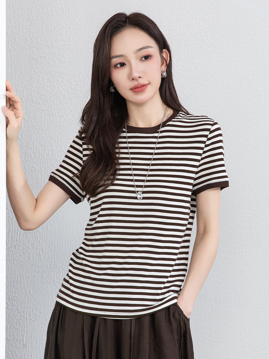 Áo thun nữ cổ tròn sọc kẻ tay ngắn phong cách cổ điển — Sọc cà phê