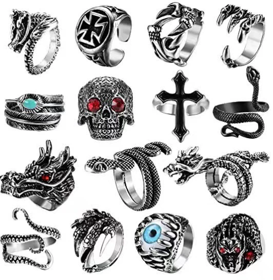Retro Adjustable Ring Set, Punk Style, Alloy Electroplated, 16-Piece Mix (Adjustable)