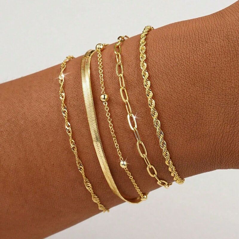 European and American Cross-Border Best-Selling Chain Bracelet Set, 5-Piece Set, Creative and Fashionable Stackable Metal Bead Chain Snake Bone Chain Hand Jewelry