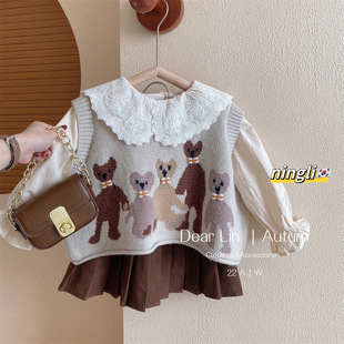 Children's Clothing Girls Three-Piece Set Spring & Fall Style Small and Medium-Sized Kidsren's Style Suit Kidsren's Knitted Vest Clothes Baby Winter Clothing Trendy