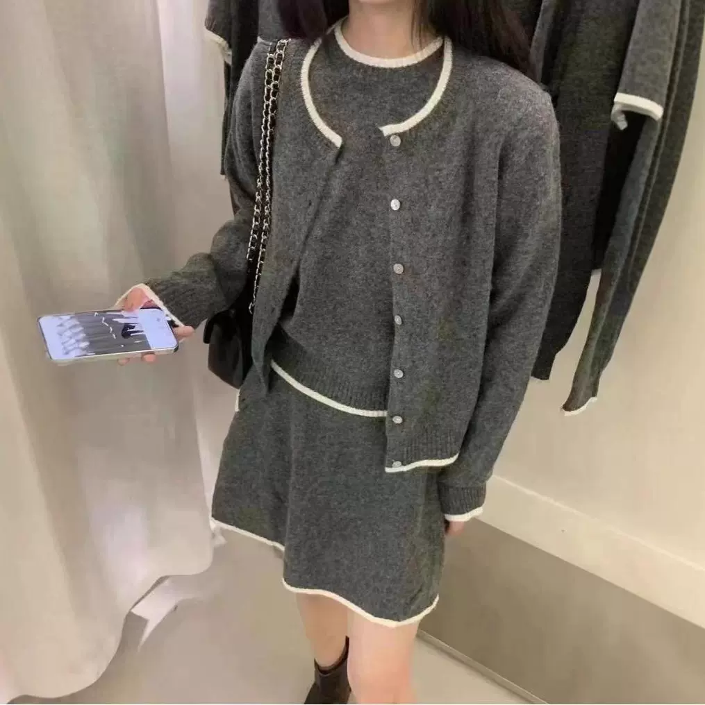 2025秋季新款针织套装女开衫套头短袖半身裙毛衣时尚慵懒风三件套