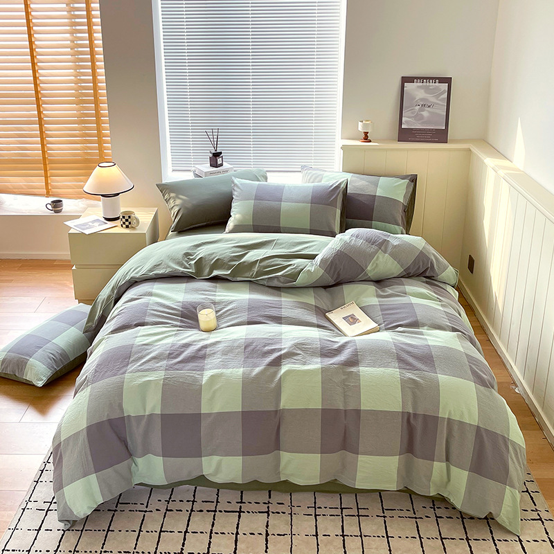 Juego de tres piezas de algodón lavado teñido en hilo, dormitorio de estudiantes universitarios, juego de literas, sábana, sábana, sábana, juego de cuatro piezas