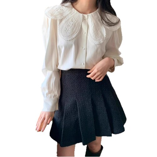 Korean Dongdaemun Spring and Autumn Retro Design Ruffle Collar Bubble Sleeve Women's Shirt