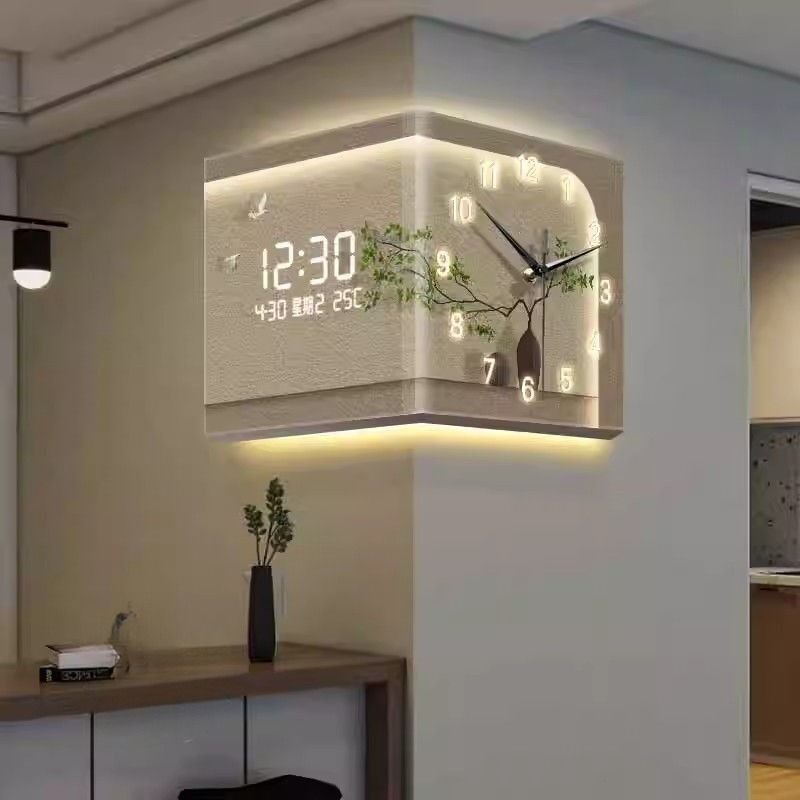 新款创意轻奢高级转角双面挂钟简约现代客厅钟表感应数显静音时钟