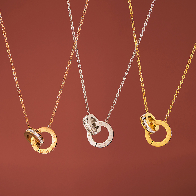 Yungang Double-Ring Necklace Women's Titanium Steel Diamond Clavicle Chain Internet Celebrity Fashion Rose Gold Necklace Live Broadcast Same Style Factory