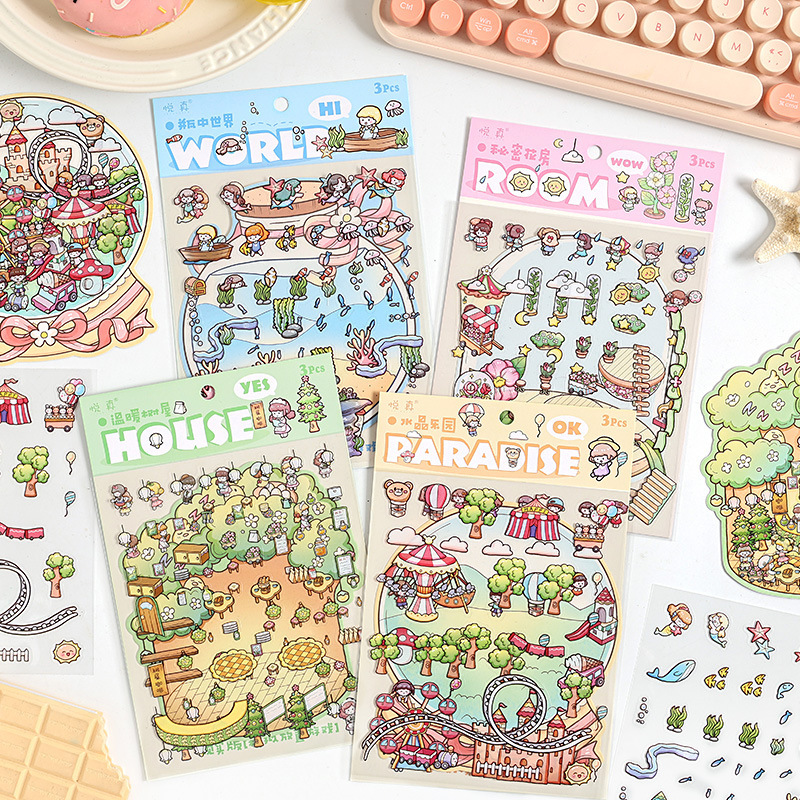 Fantasy Landscape 3D estereoscópico pet stickers diy creativo botellas de dibujos animados en miniatura decoración escena stickers puzzle