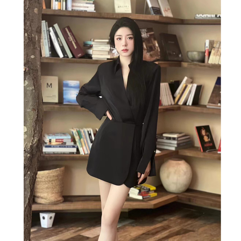 French V-neck long sleeve satin dress waist slimming shirt dress socialite temperament small dress women can wear at ordinary times