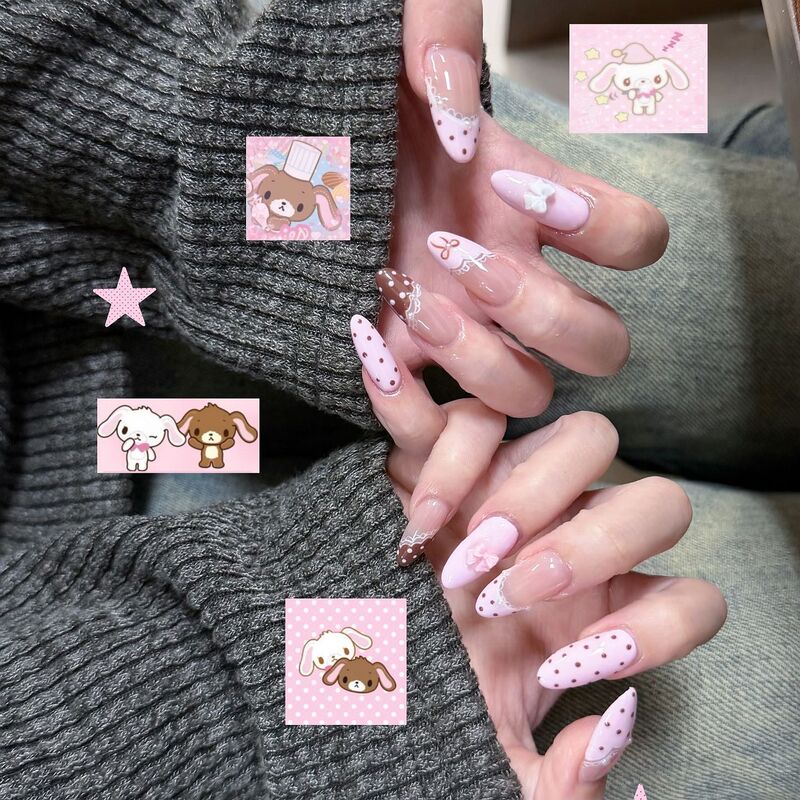 2026 French-Style Polka Dot Lace Trim Dessert Bunny Nail Stickers with High-End Bow in Pink and Brown, Sweet and Cute 2026 French-Style Polka Dot Lace Trim Dessert Bunny Nail Stickers with High-End Bow in Pink and Brown, Sweet and Cute