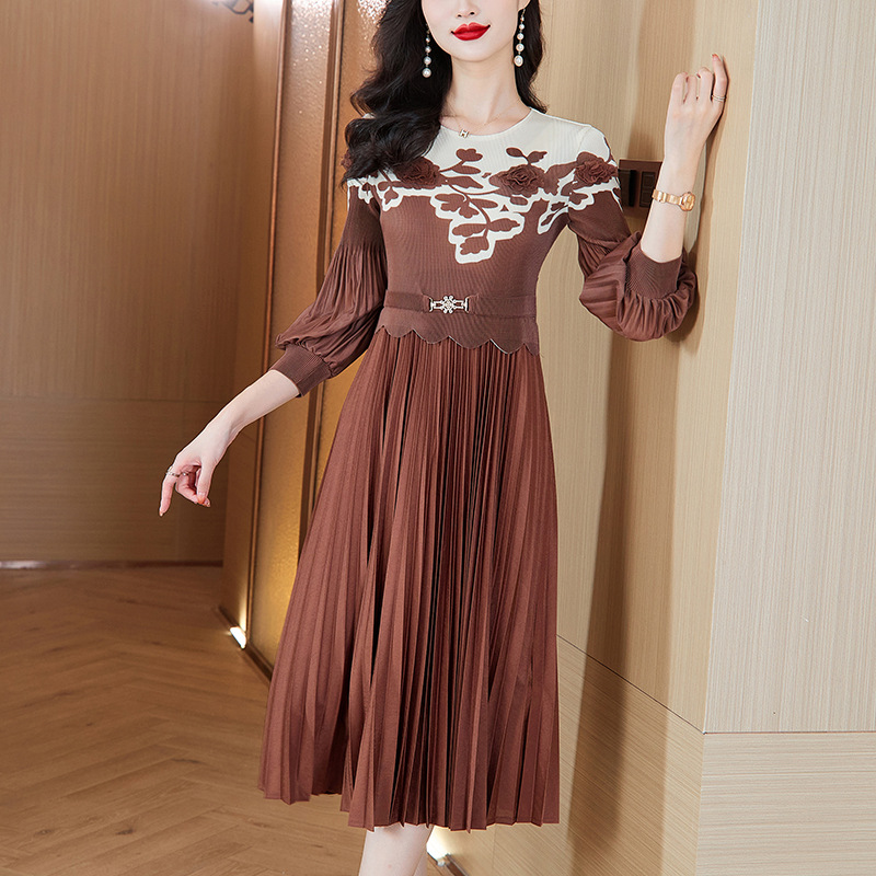 European Style Autumn Fashion Pleated Round-Neck Patchwork Slim-Fit Slimming Dress Mid-Length Pleated Skirt_ecoleips.com