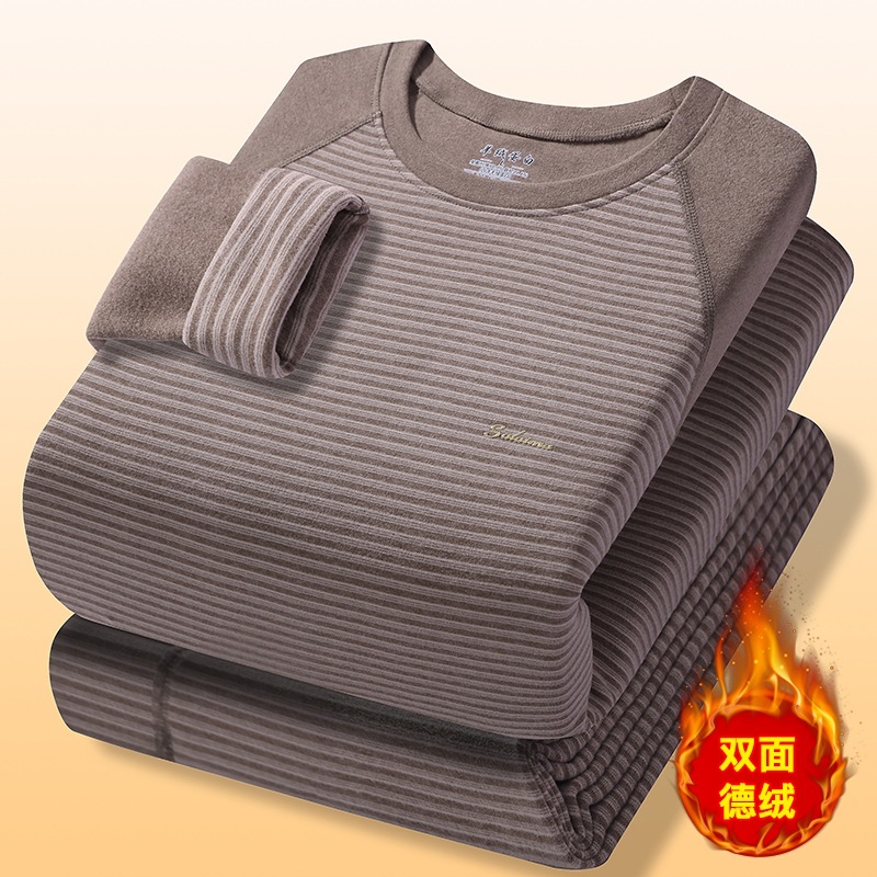 Winter Thermal Underwear Men's Double-Sided Fleece Thermal Tops and Bottoms Set Thickened Men's Round Neck Base Layer Cotton Sweater