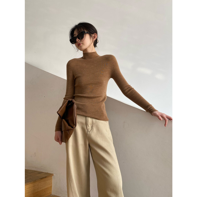 100% Fine Imitation Australian Sheep Wool Seamless Slim-Fit Base Knit Half-Turtleneck Wool Sweater