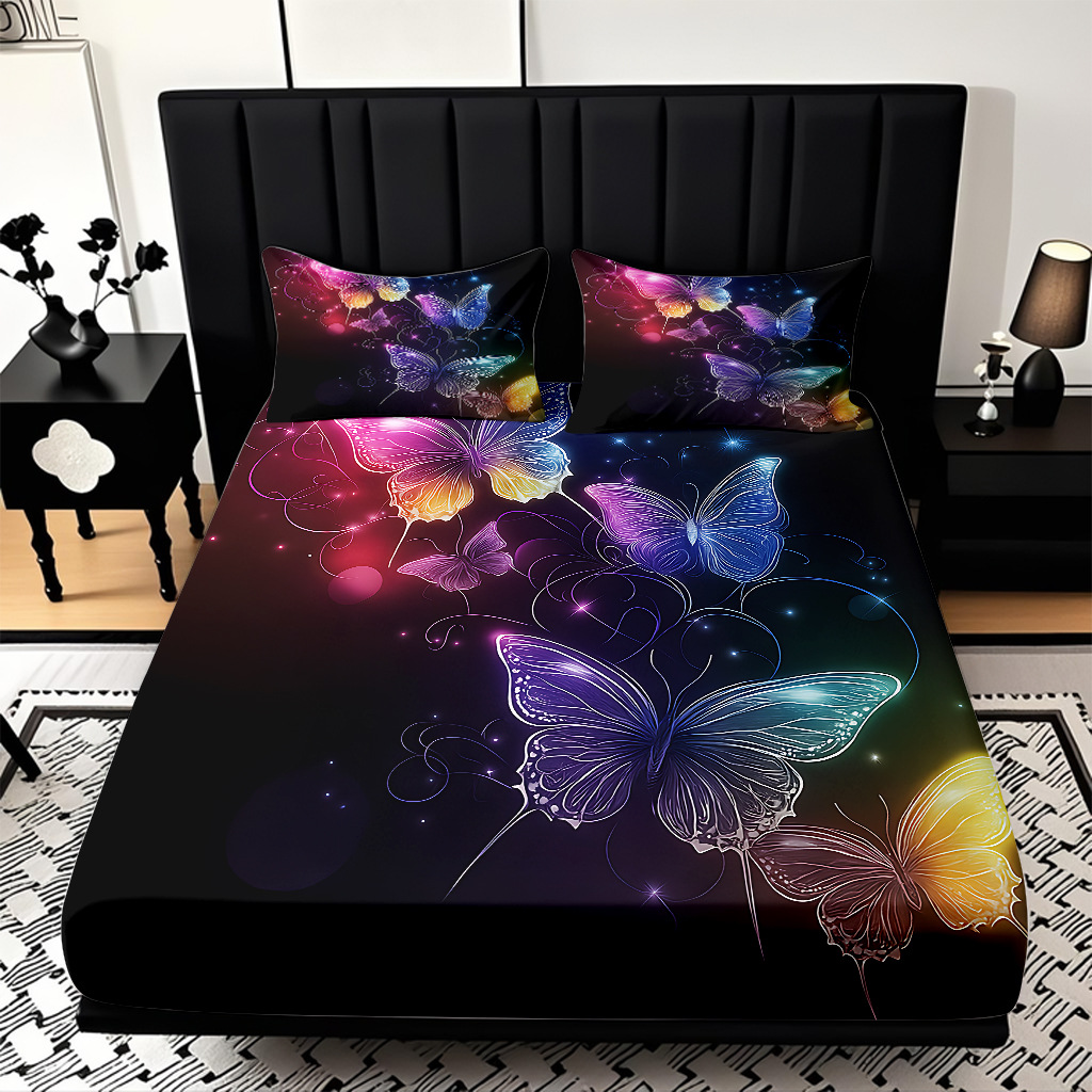 TEMU / JIT Transfronterizo para la serie de mariposas multicolores 3D impresión digital cama cama almohada kit de diseño se puede fijar