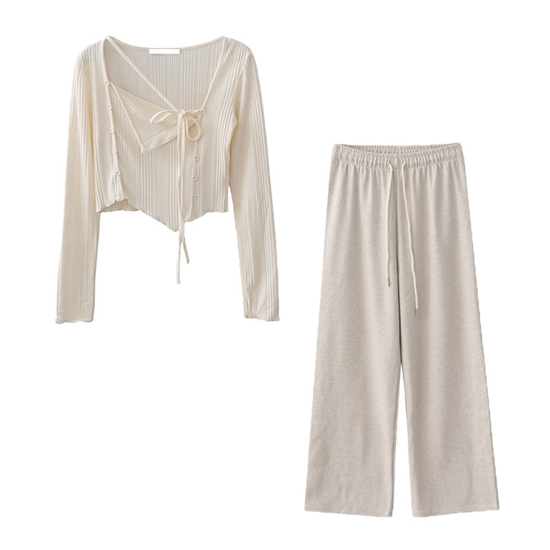Autumn New Korean Style Lazy Irregular Slim T-shirt Top Thin Horizontal Striped Wide Leg Pants Trousers suit Women