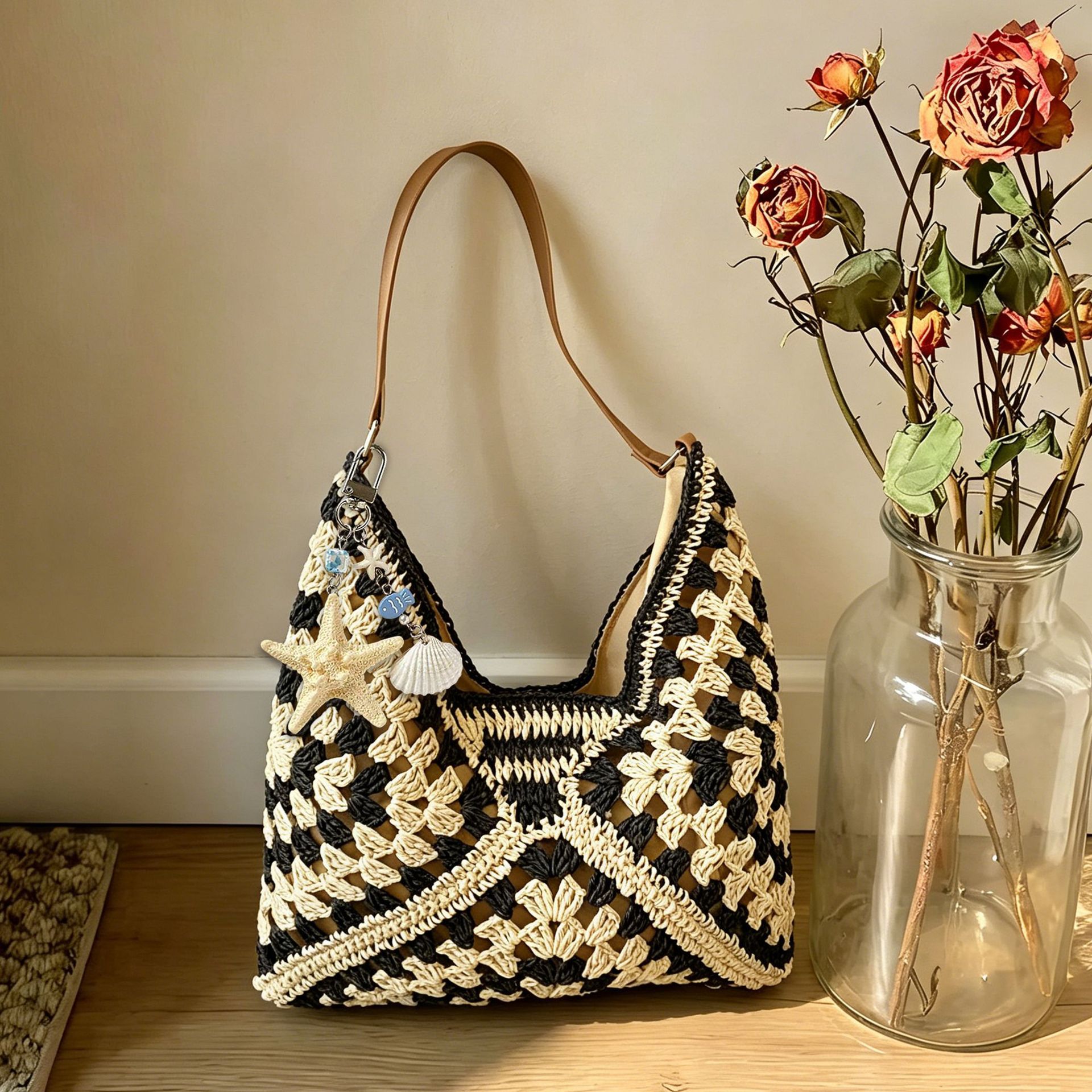 Bolsa de tela de paja de gran capacidad de color extranjero, bolsa de hombro casual de moda junto al mar, bolsa de tote simple
