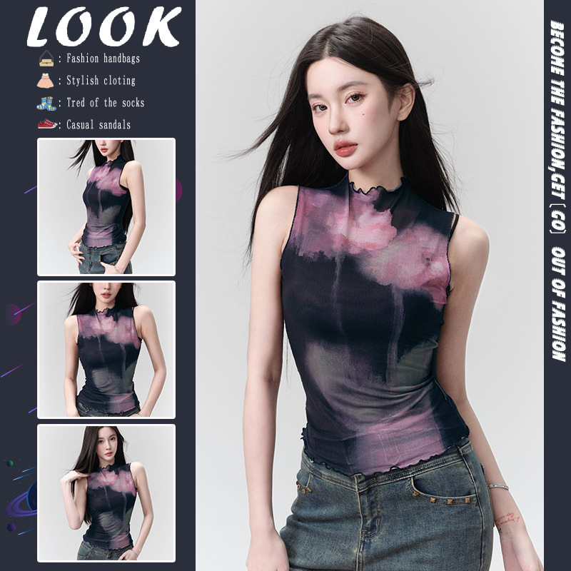 Pure Desire Hot Girl Mesh Print Vest Slim Fit T-Shirt for Women, New Summer Style with Unique and Simple Design