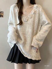 立体花朵针织衫领毛衣大码女装2025春季胖中长款洋气减龄上衣