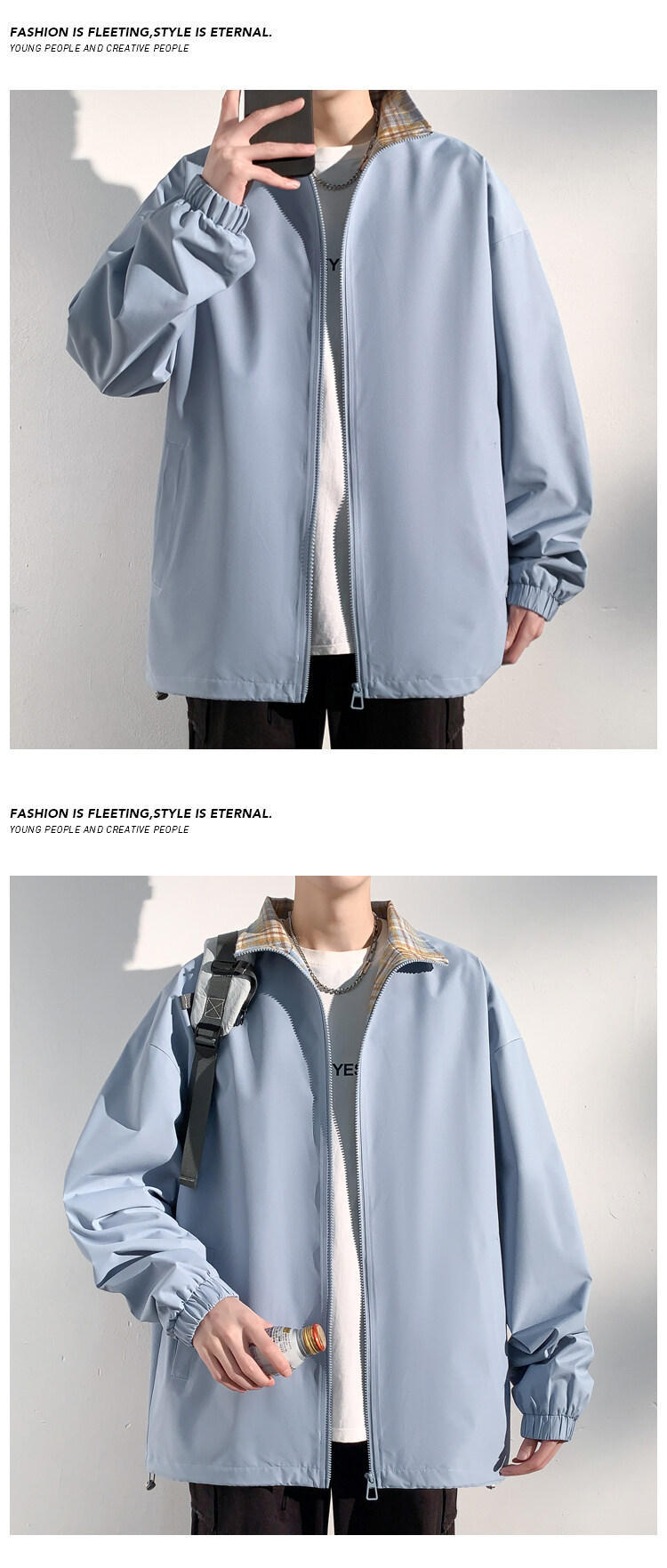 Men's Plaid Patchwork Denim Jacket With Stand Collar Windproof_voghion.com