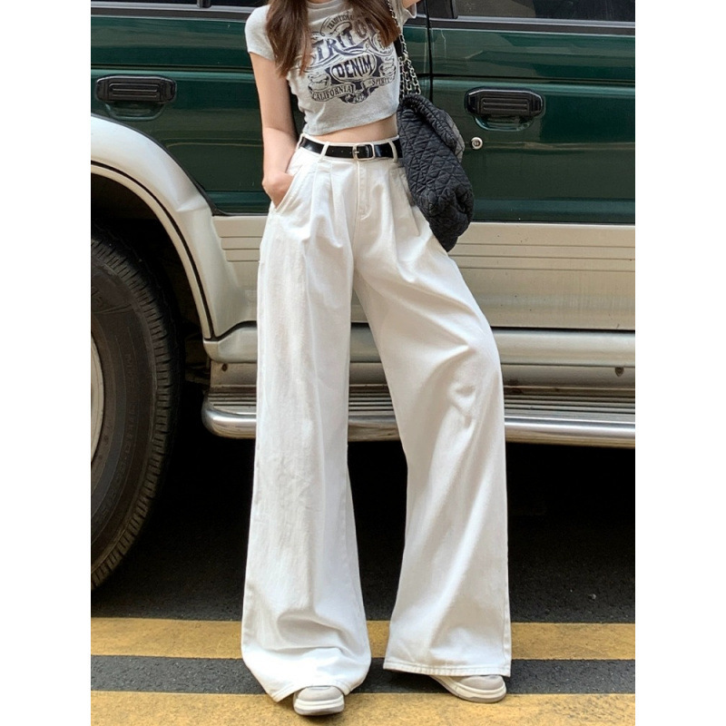 美式白色阔腿牛仔裤女2025高腰显瘦宽松褶皱慵懒垂感直筒裤子春秋|undefined