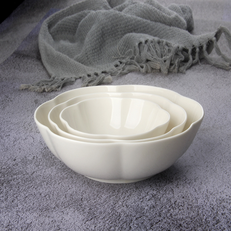 Tazón de cerámica creativo con forma de flor, tazón de postre para niños, tazón pequeño de cerámica blanco puro, tazón de sopa y tazón de verduras para una familia de tres personas